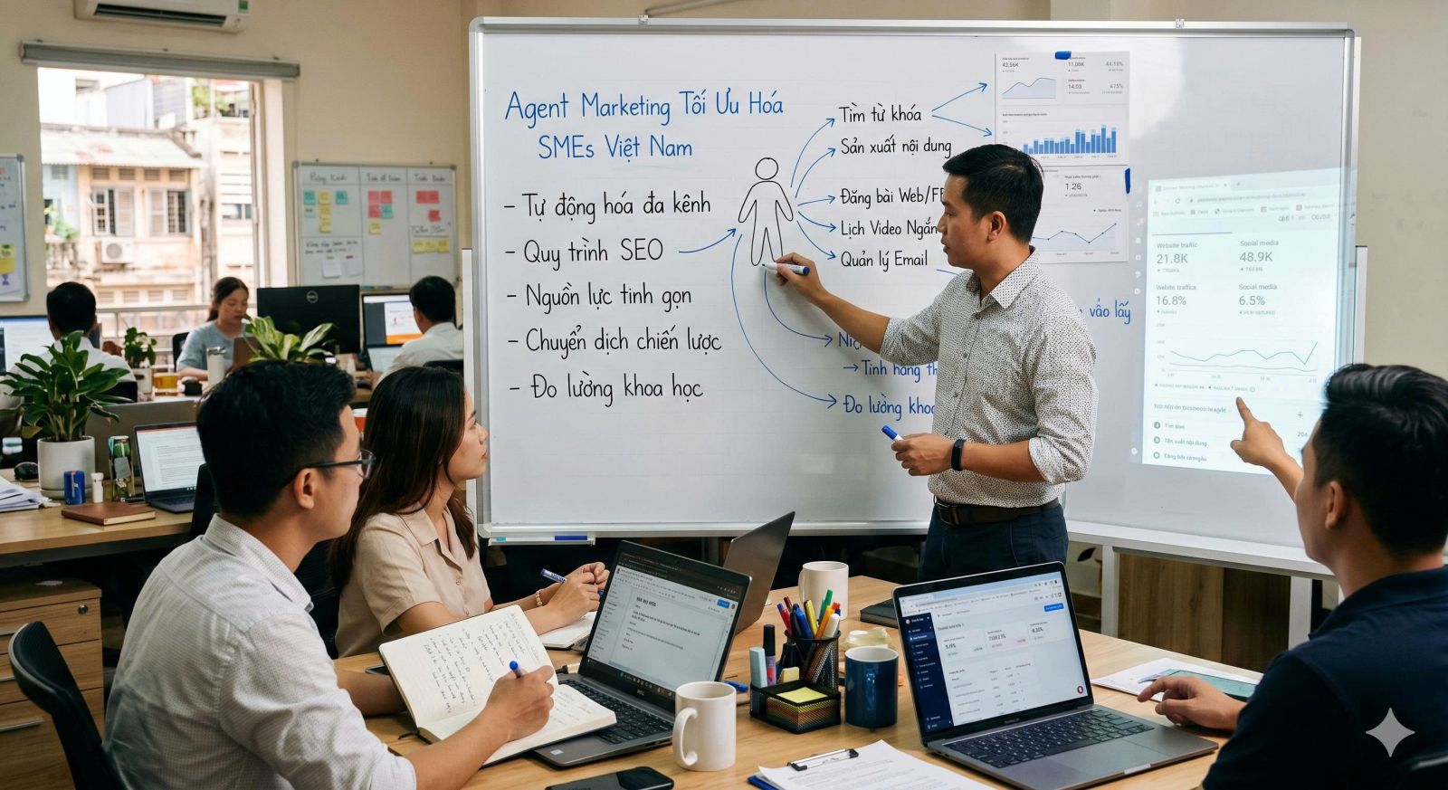 Mô hình vận hành tinh gọn phối hợp giữa con người và công nghệ tự động hóa trong quản trị nội dung số.